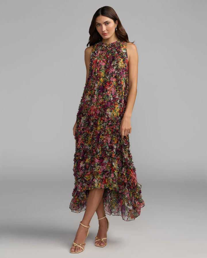 Mac Duggal 8103 Sleeveless Floral Micro Ruffle Trapeze Midi Dress