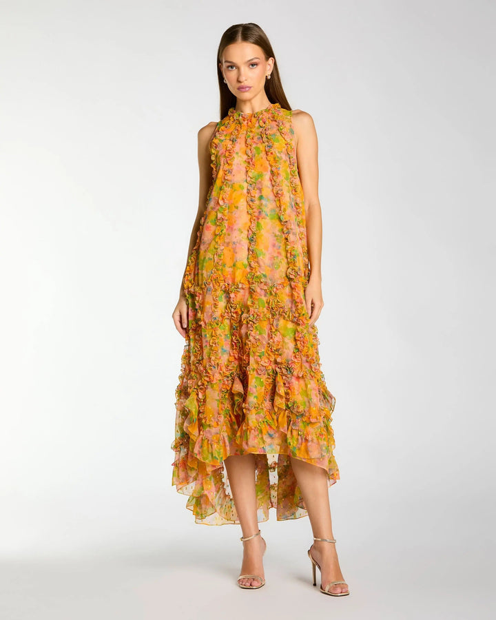 Yellow Sleeveless Floral Chiffon Micro Ruffle Trapeze Midi Dress - FOSTANI.com