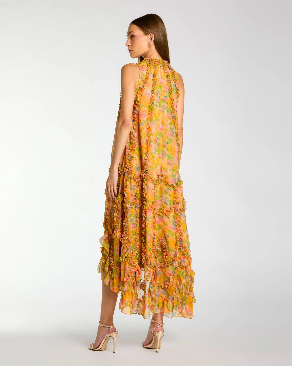 Yellow Sleeveless Floral Chiffon Micro Ruffle Trapeze Midi Dress - FOSTANI.com