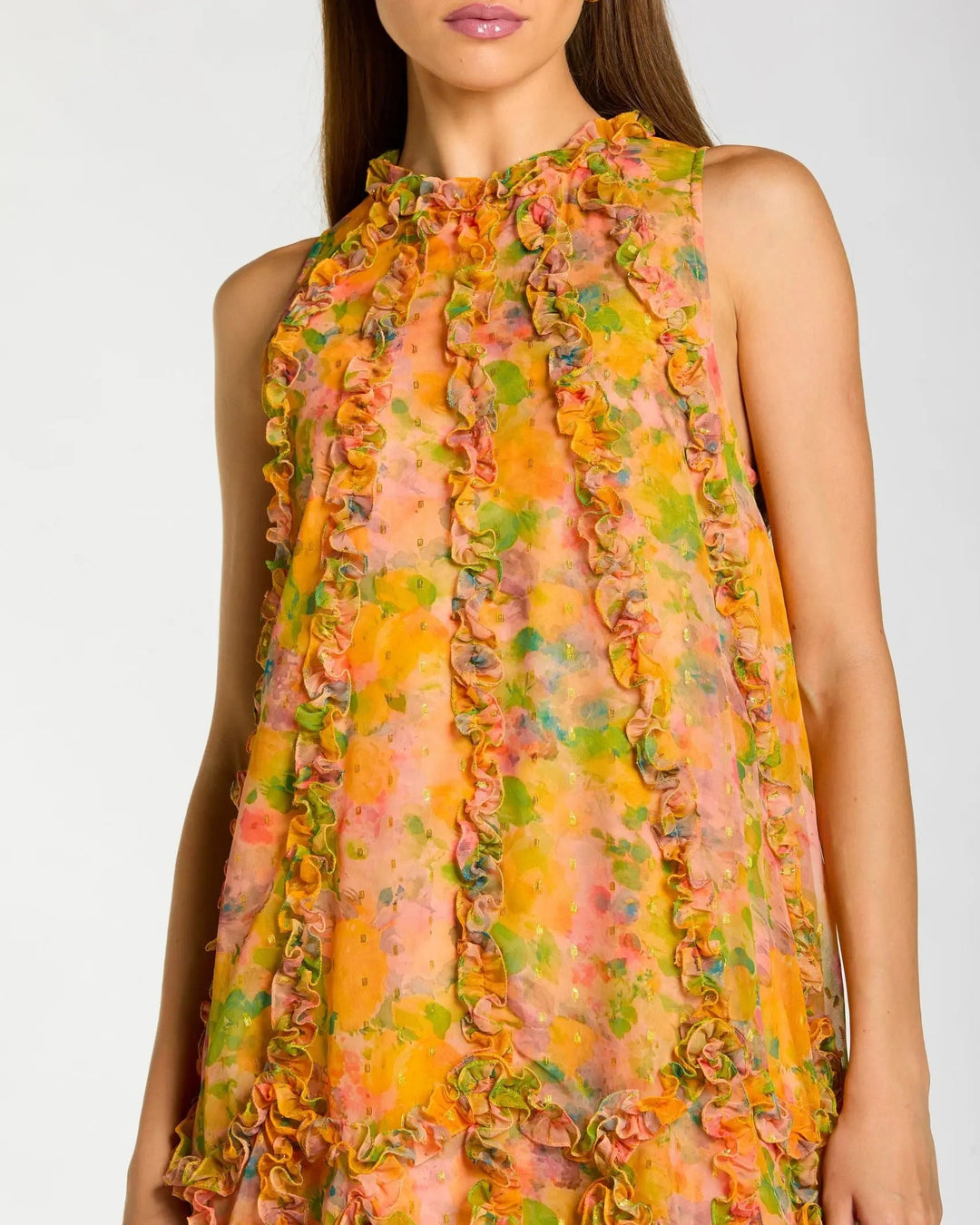 Yellow Sleeveless Floral Chiffon Micro Ruffle Trapeze Midi Dress - FOSTANI.com