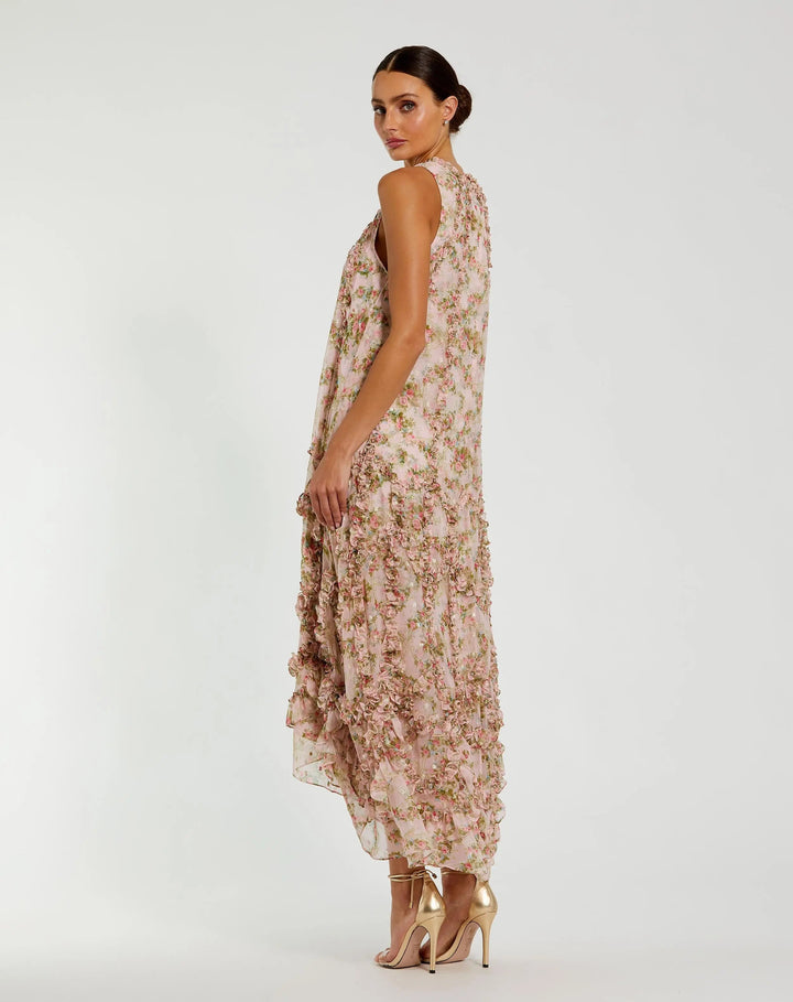 Mac Duggal 8103 Pink Sleeveless Floral Micro Ruffle Trapeze Midi Dress - FOSTANI.com