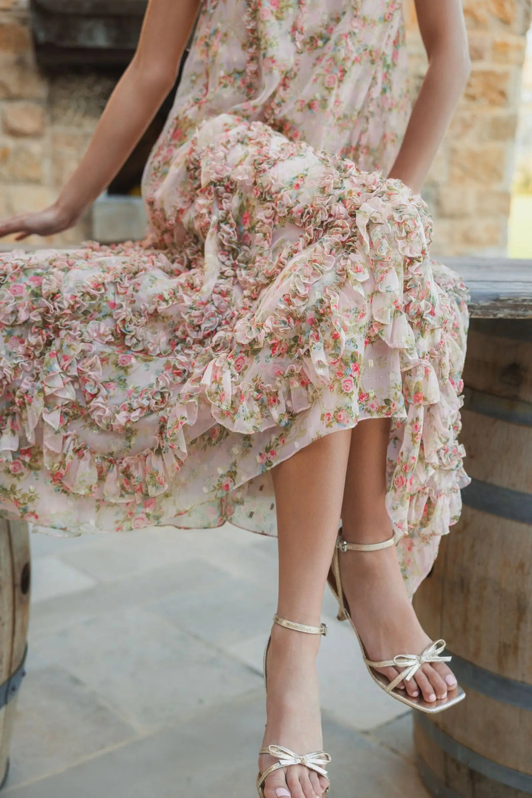 Mac Duggal 8103 Pink Sleeveless Floral Micro Ruffle Trapeze Midi Dress - FOSTANI.com