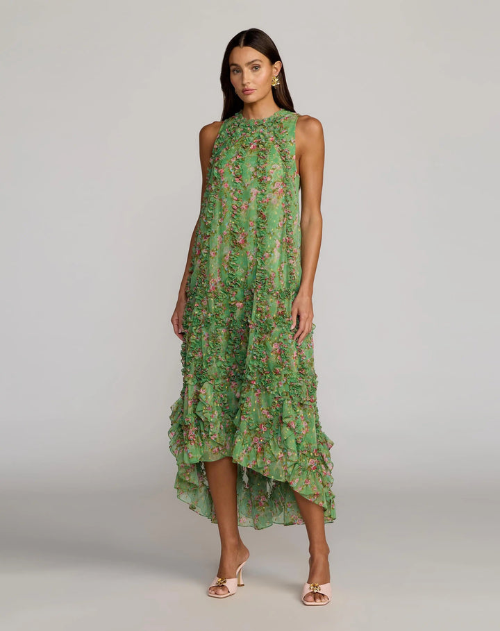 Mac Duggal 8103 Sleeveless Floral Micro Ruffle Trapeze Midi Dress