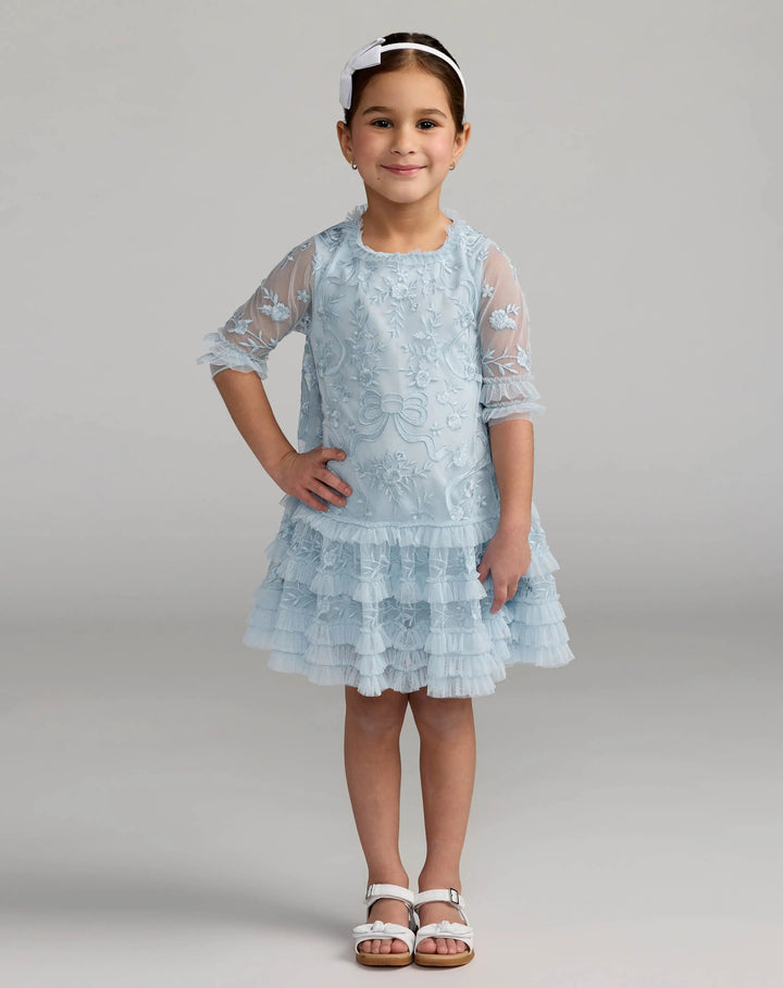 Mac Duggal 8182 Girls Blue Micro Ruffle Embroidered Mini Dress