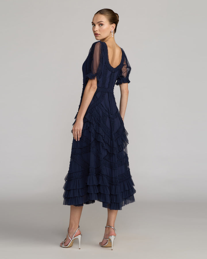 Navy Short Sleeve Micro Ruffle Midi Dress - FOSTANI.com