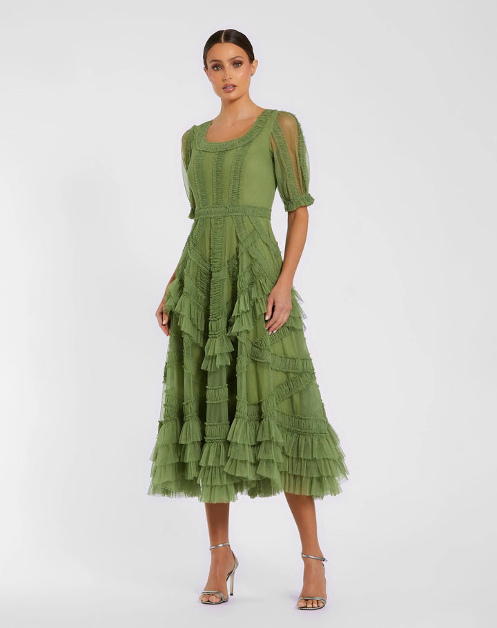 Green Short Sleeve Micro Ruffle Midi Dress - FOSTANI.com