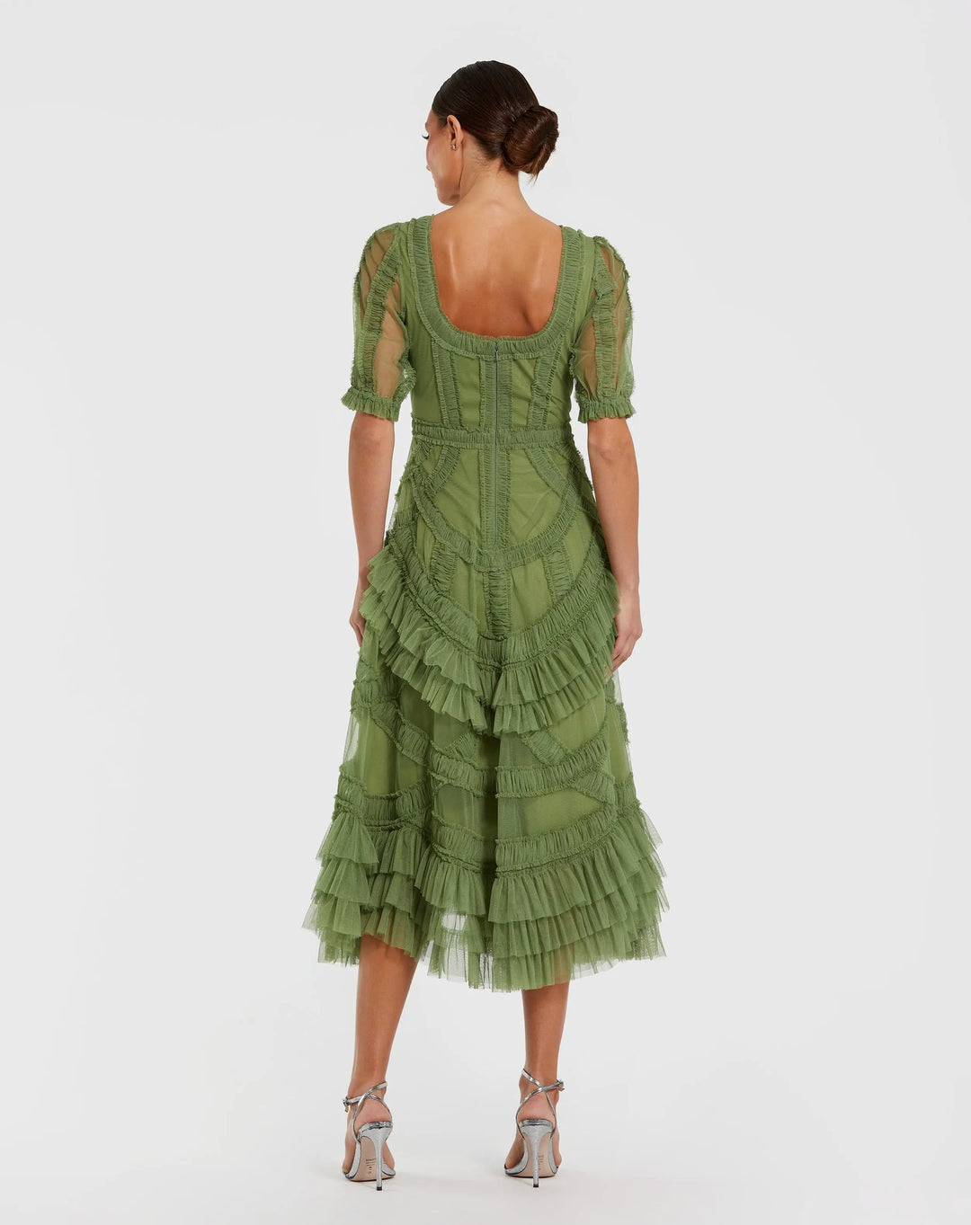 Green Short Sleeve Micro Ruffle Midi Dress - FOSTANI.com