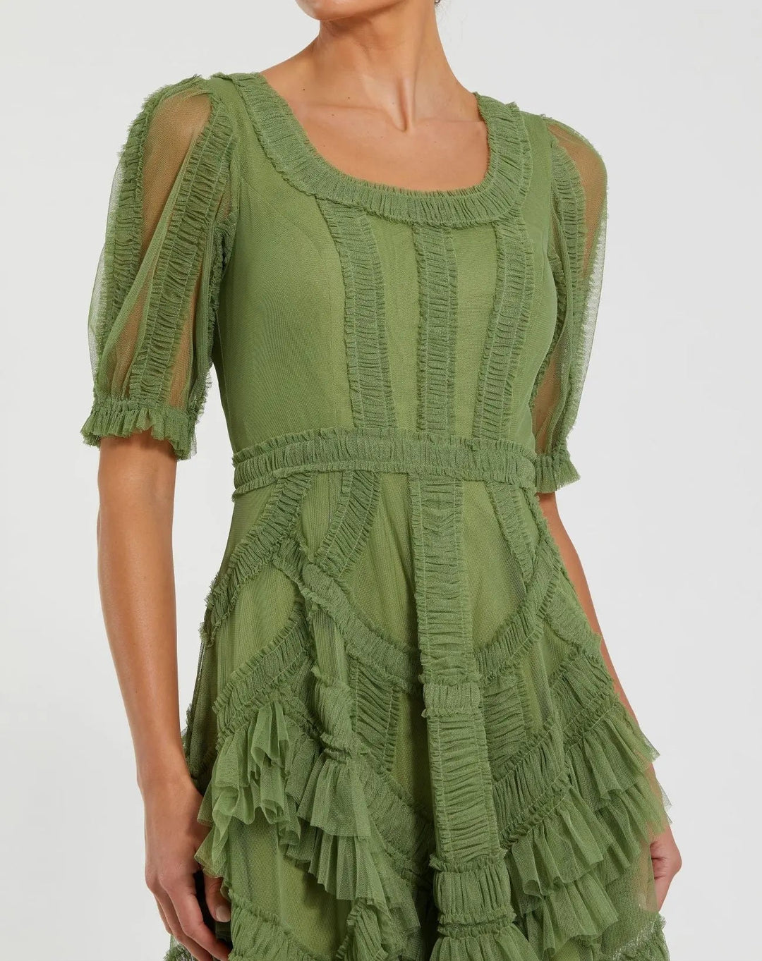 Green Short Sleeve Micro Ruffle Midi Dress - FOSTANI.com