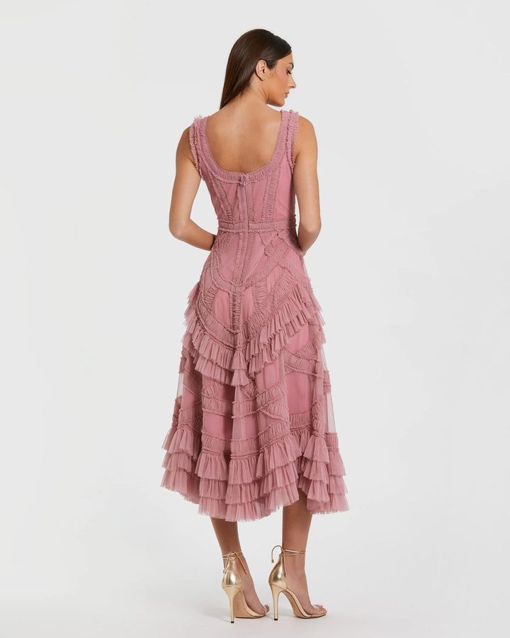 Pink Scoop Neck Sleeveless Micro Ruffle Midi Dress - FOSTANI.com