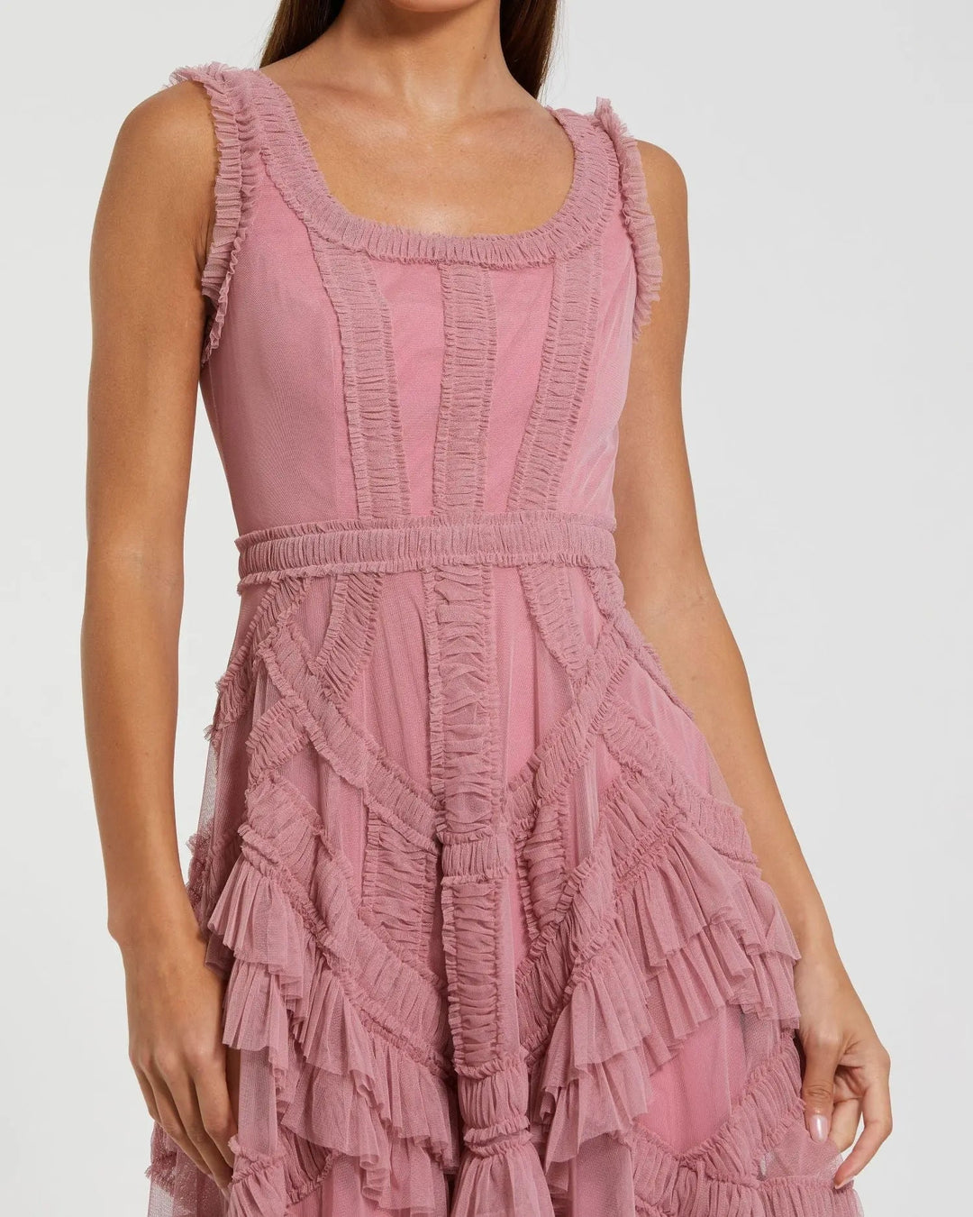 Pink Scoop Neck Sleeveless Micro Ruffle Midi Dress - FOSTANI.com