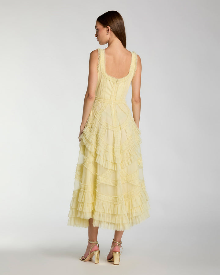 Yellow Scoop Neck Sleeveless Micro Ruffle Midi Dress - FOSTANI.com