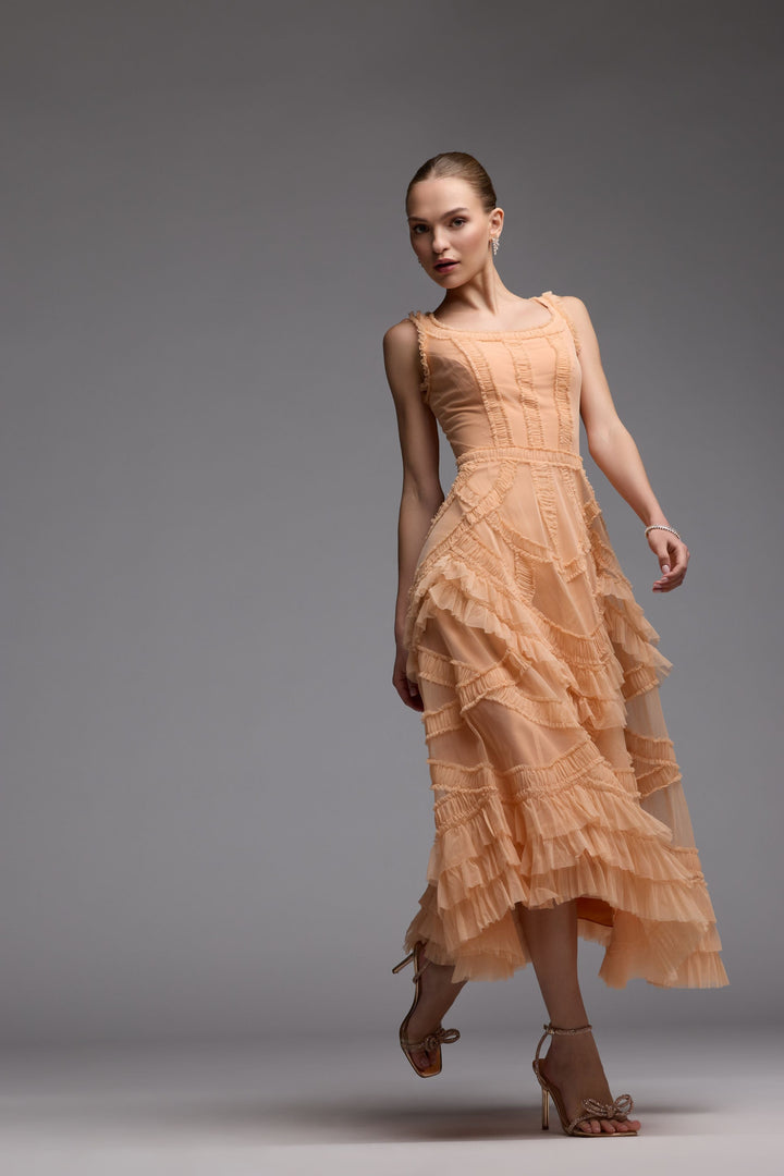 Orange Scoop Neck Sleeveless Micro Ruffle Midi Dress - FOSTANI.com