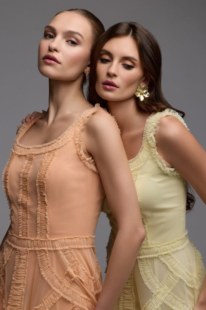 Yellow Scoop Neck Sleeveless Micro Ruffle Midi Dress - FOSTANI.com