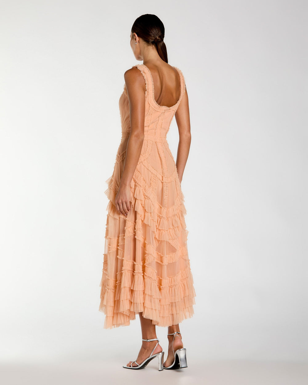 Orange Scoop Neck Sleeveless Micro Ruffle Midi Dress - FOSTANI.com