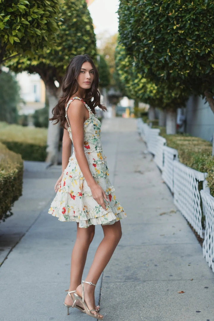 Ivory Floral Square Neck Ruffle Mini Dress - FOSTANI.com
