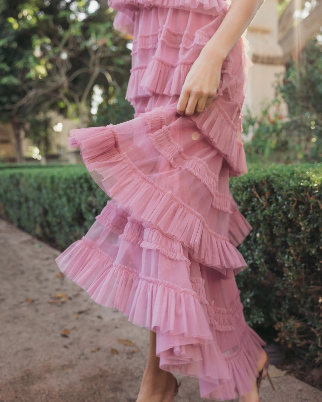 Pink Tiered Ruffle Halter Neck Midi Dress - FOSTANI.com