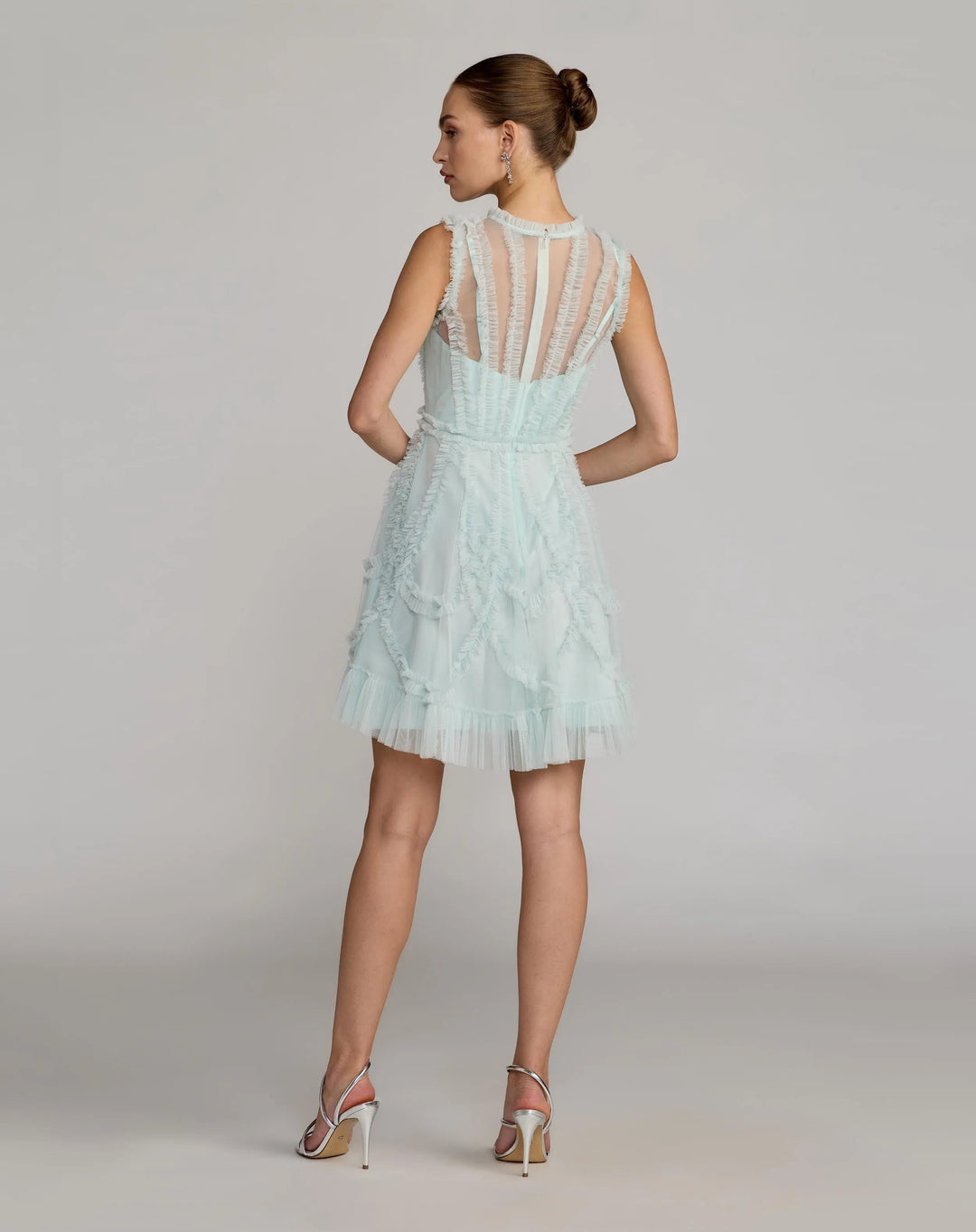 Light Blue High Neck Sleeveless Micro Ruffle Mini Dress - FOSTANI.com