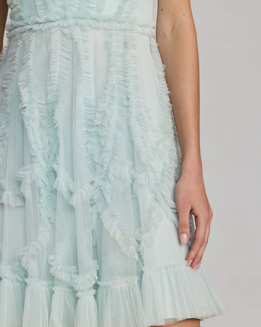 Light Blue High Neck Sleeveless Micro Ruffle Mini Dress - FOSTANI.com