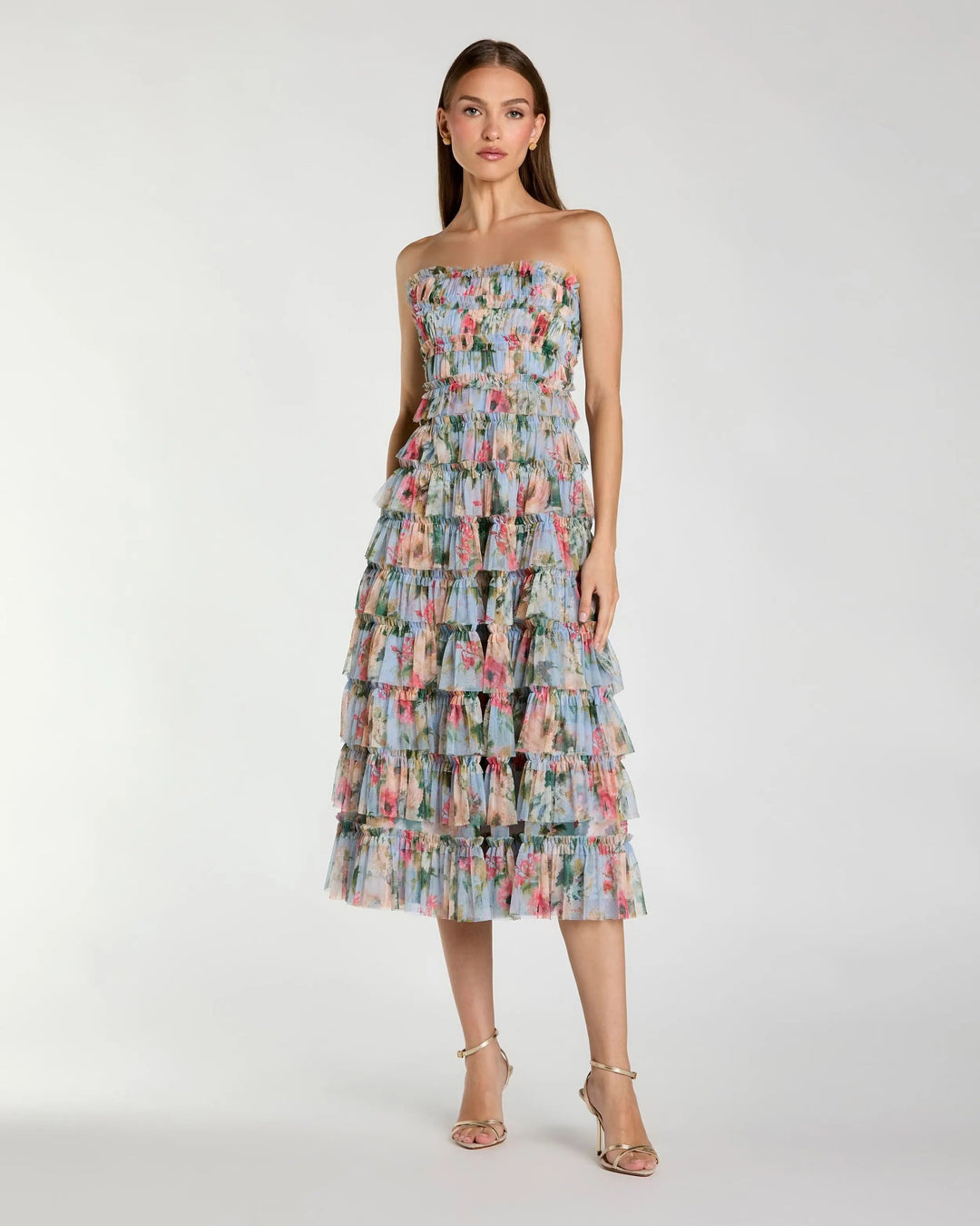 Blue Floral Strapless Ruffle Maxi Dress - FOSTANI.com