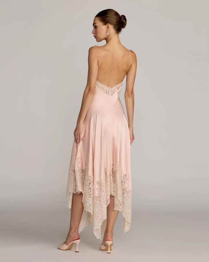 Light Pink Lace Trim Handkerchief Midi Dress - FOSTANI.com