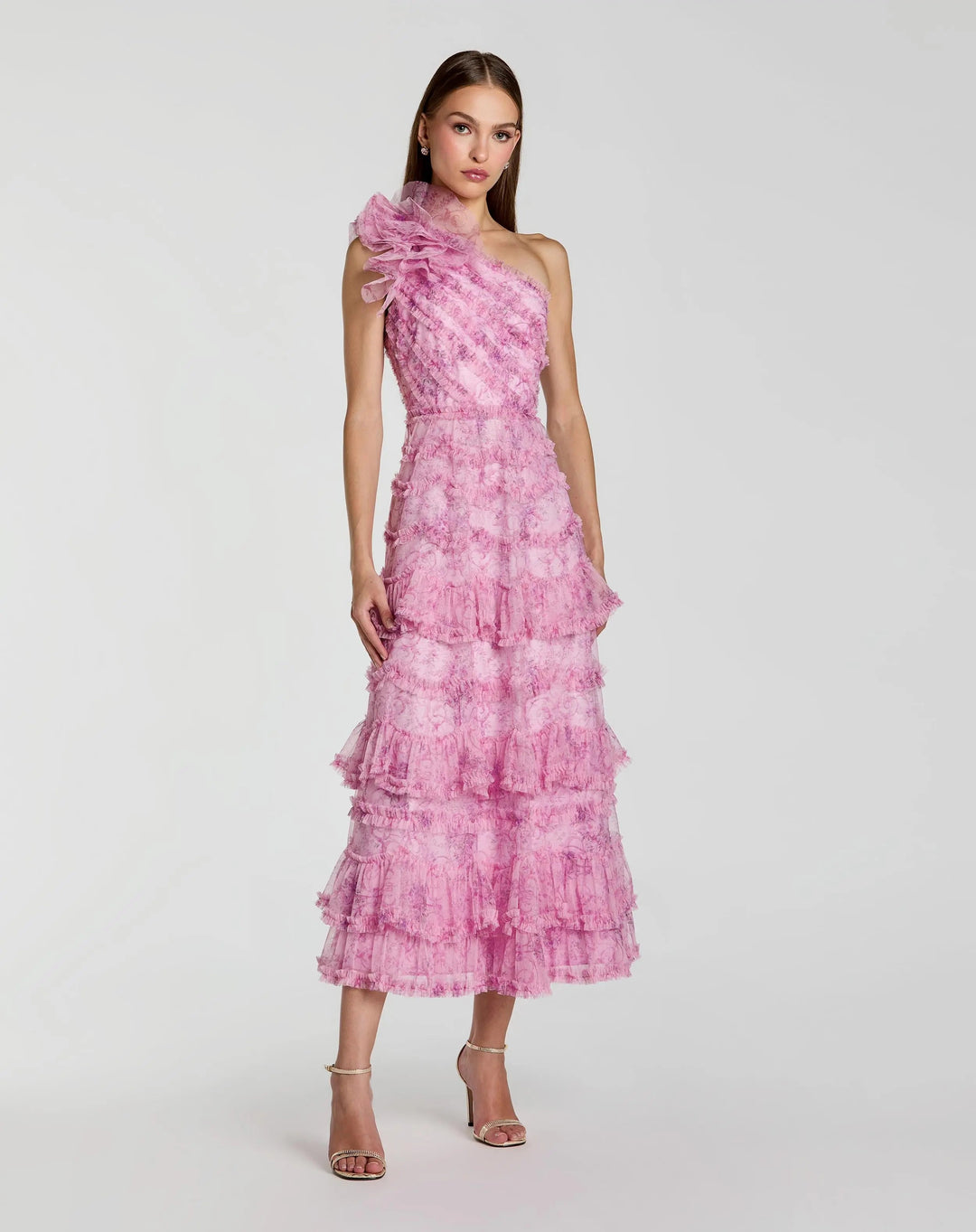 Pink Printed One Shoulder Ruffled A Line Midi Dress - FOSTANI.com