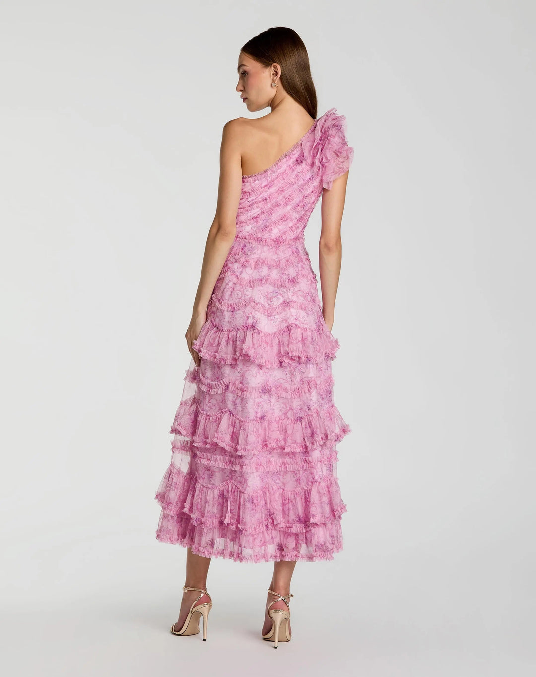 Pink Printed One Shoulder Ruffled A Line Midi Dress - FOSTANI.com