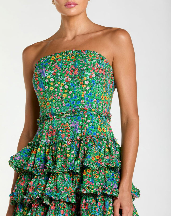 Green Strapless Floral Cotton Ruffle Midi Dress - FOSTANI.com