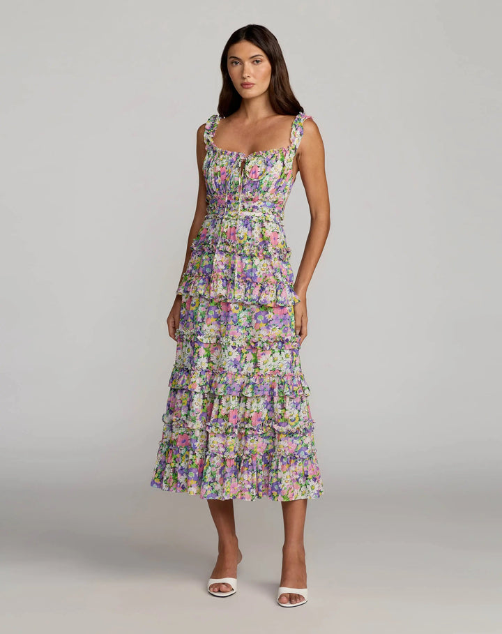 Multicolor Floral Ruffle A-Line Cotton Midi Dress - FOSTANI.com