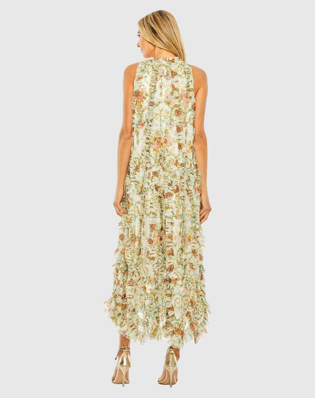 Ivory Sleeveless High Neck Ruffle Floral Dress - FOSTANI.com