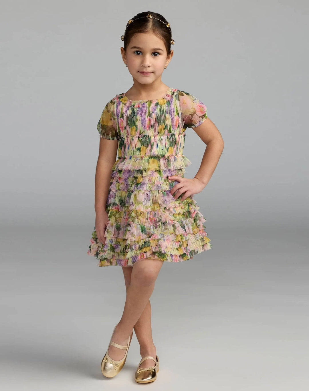 Mac Duggal 8494 Girls Multicolor Floral Scoop Neck Ruffle Dress