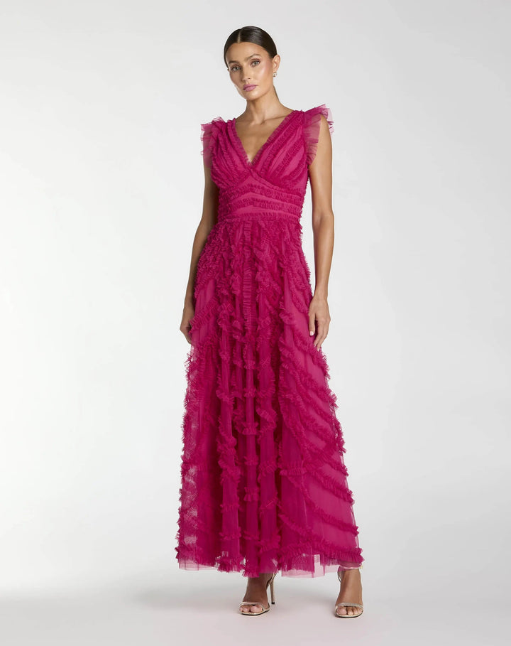 Pink V-Neck Cap Sleeve Ruffle Maxi Dress - FOSTANI.com