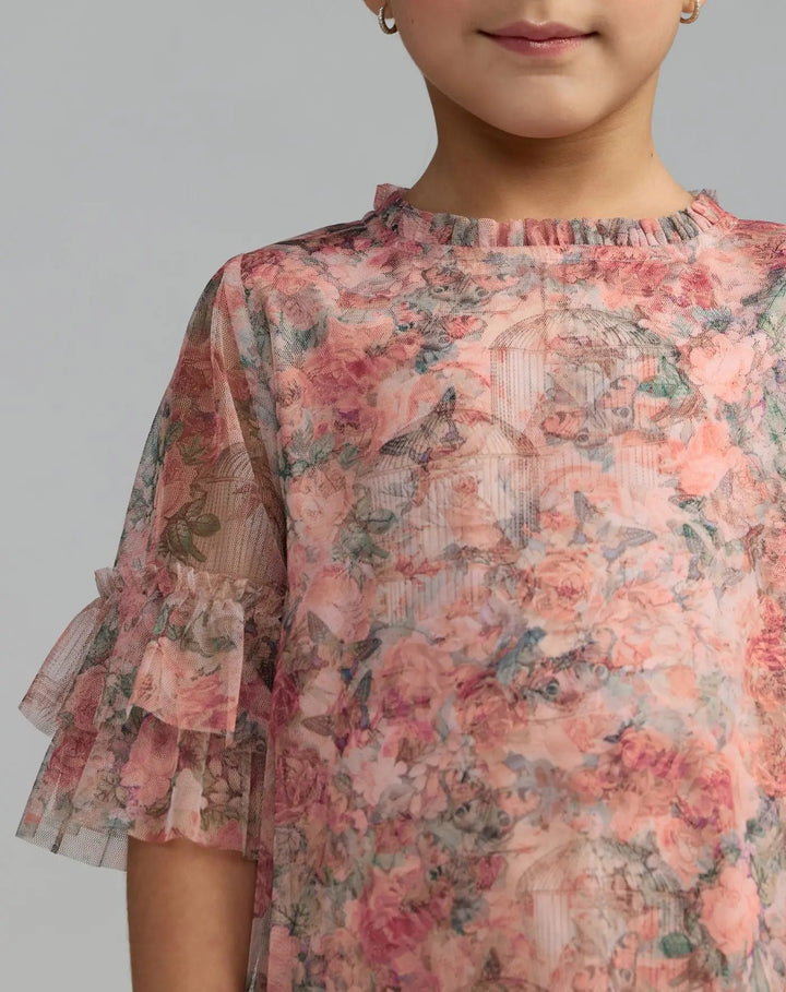 Mac Duggal 8501 Girls Pink Floral Printed Short Sleeve Ruffle Dress