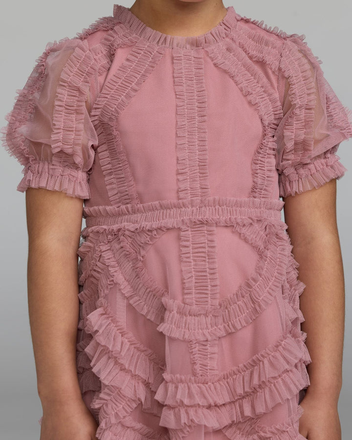 Mac Duggal 8503 Girls Pink High Neck Puff Sleeve Ruffle Mini Dress
