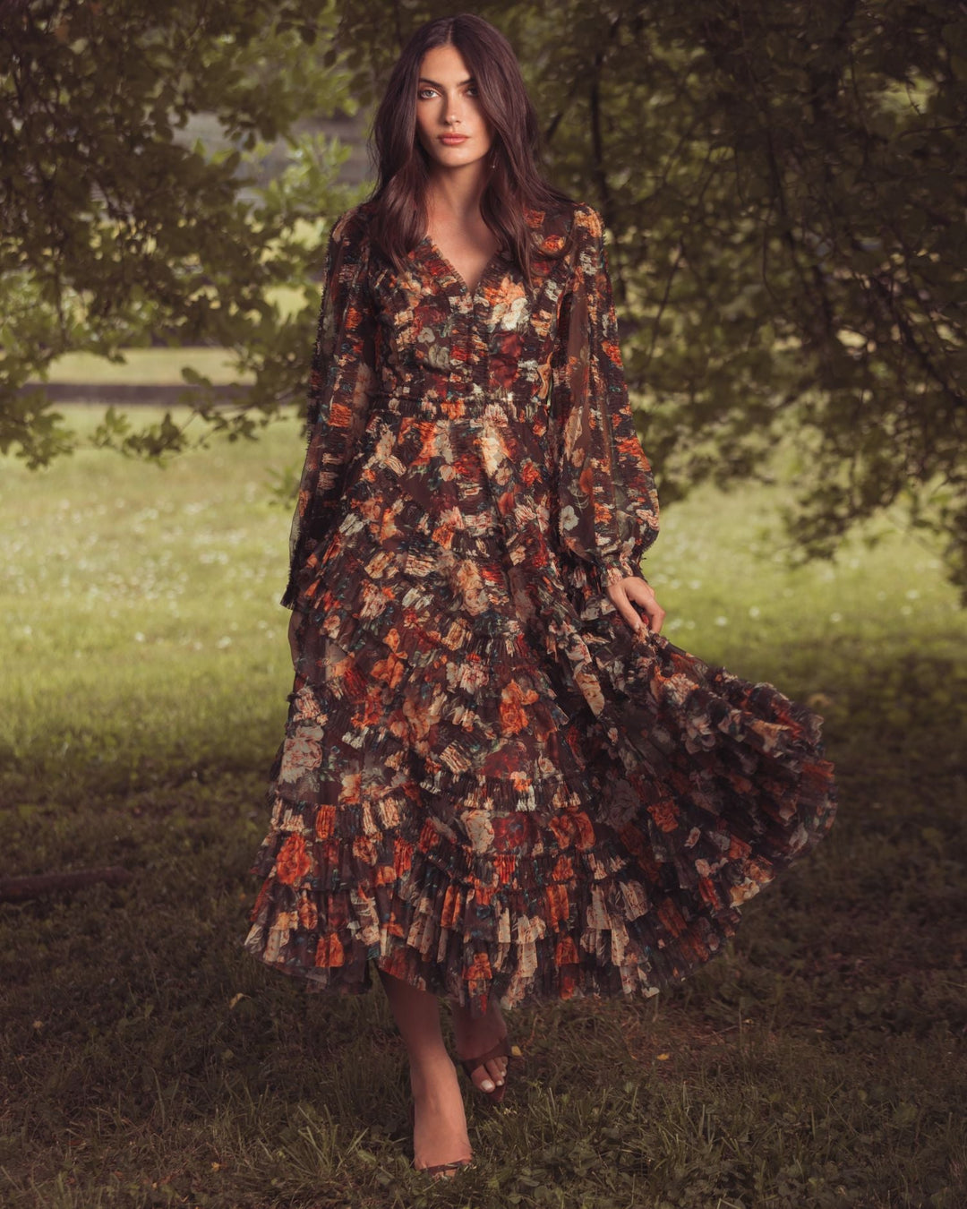 Mac Duggal 8509 Floral Long Sleeve Mirco Ruffle Midi Dress