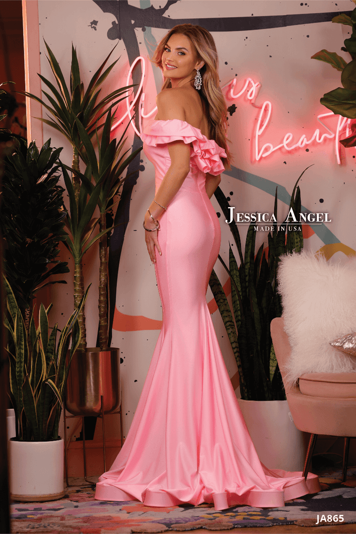 Jessica Angel 865 off shoulder ruffle jersey mermaid gown back view