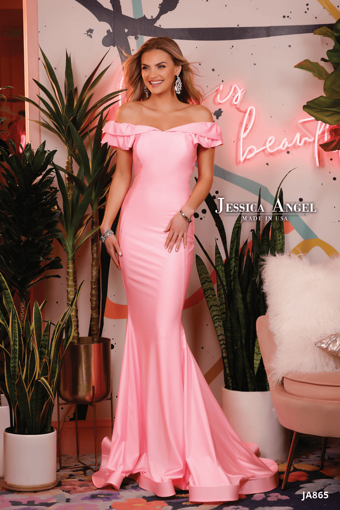 Jessica Angel 865 off shoulder ruffle jersey mermaid gown front view