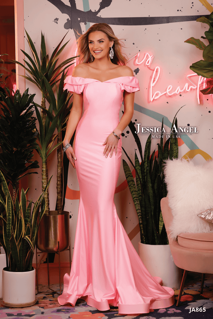 Jessica Angel 865 off shoulder ruffle jersey mermaid gown front view