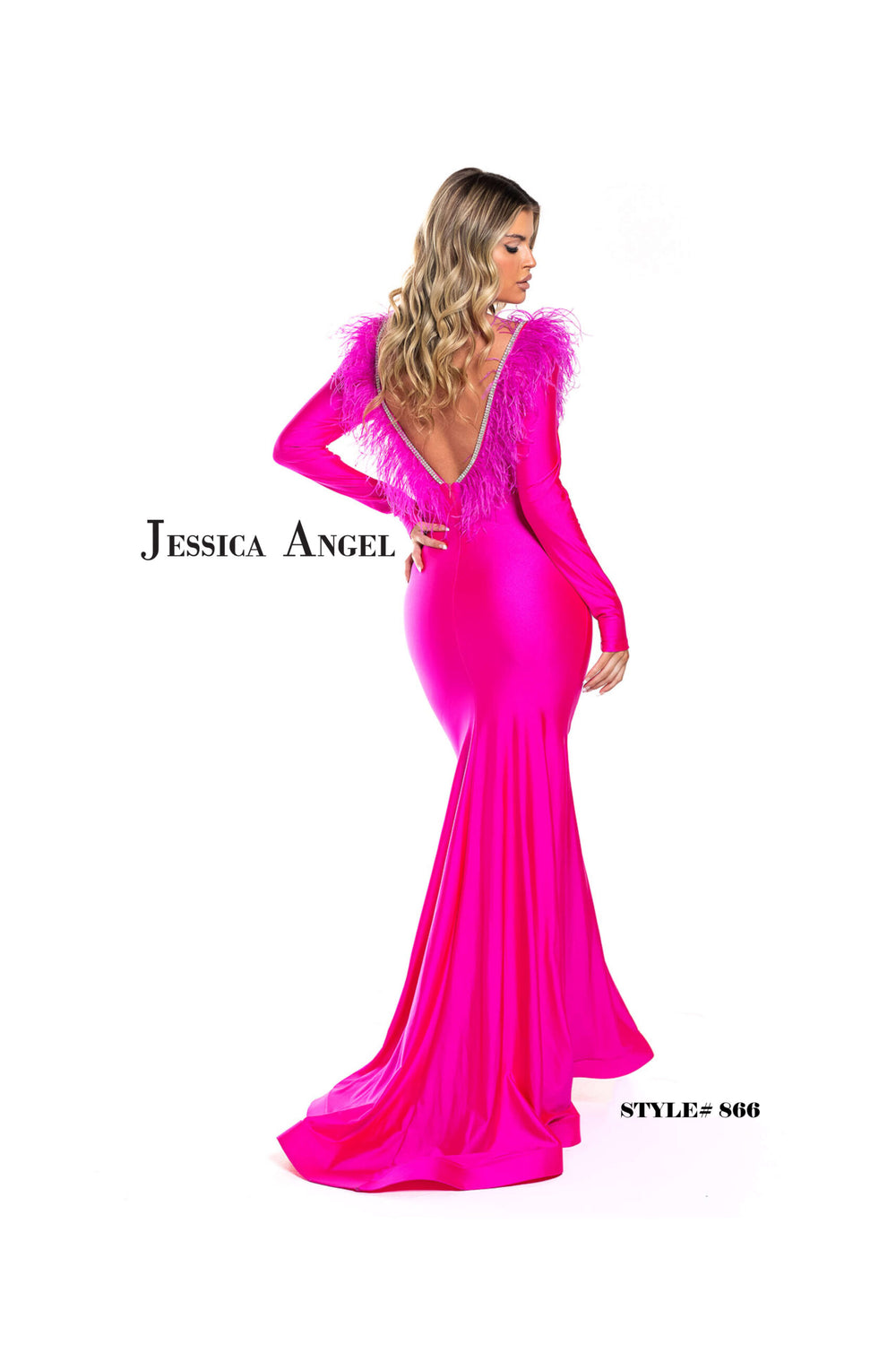 Jessica Angel 866 long sleeve feather shoulder jersey mermaid gown back view