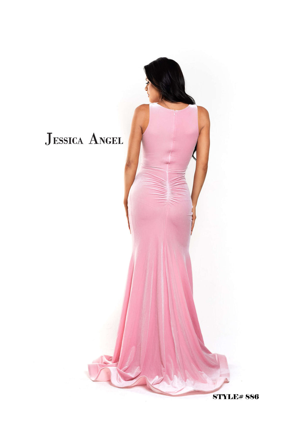 Jessica Angel 886 V-neck velvet mermaid gown with slit back view