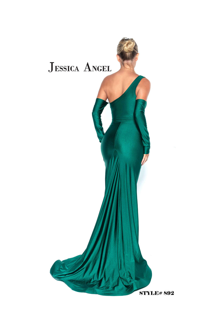 Jessica Angel 892 one shoulder jersey gown with sleeve back view