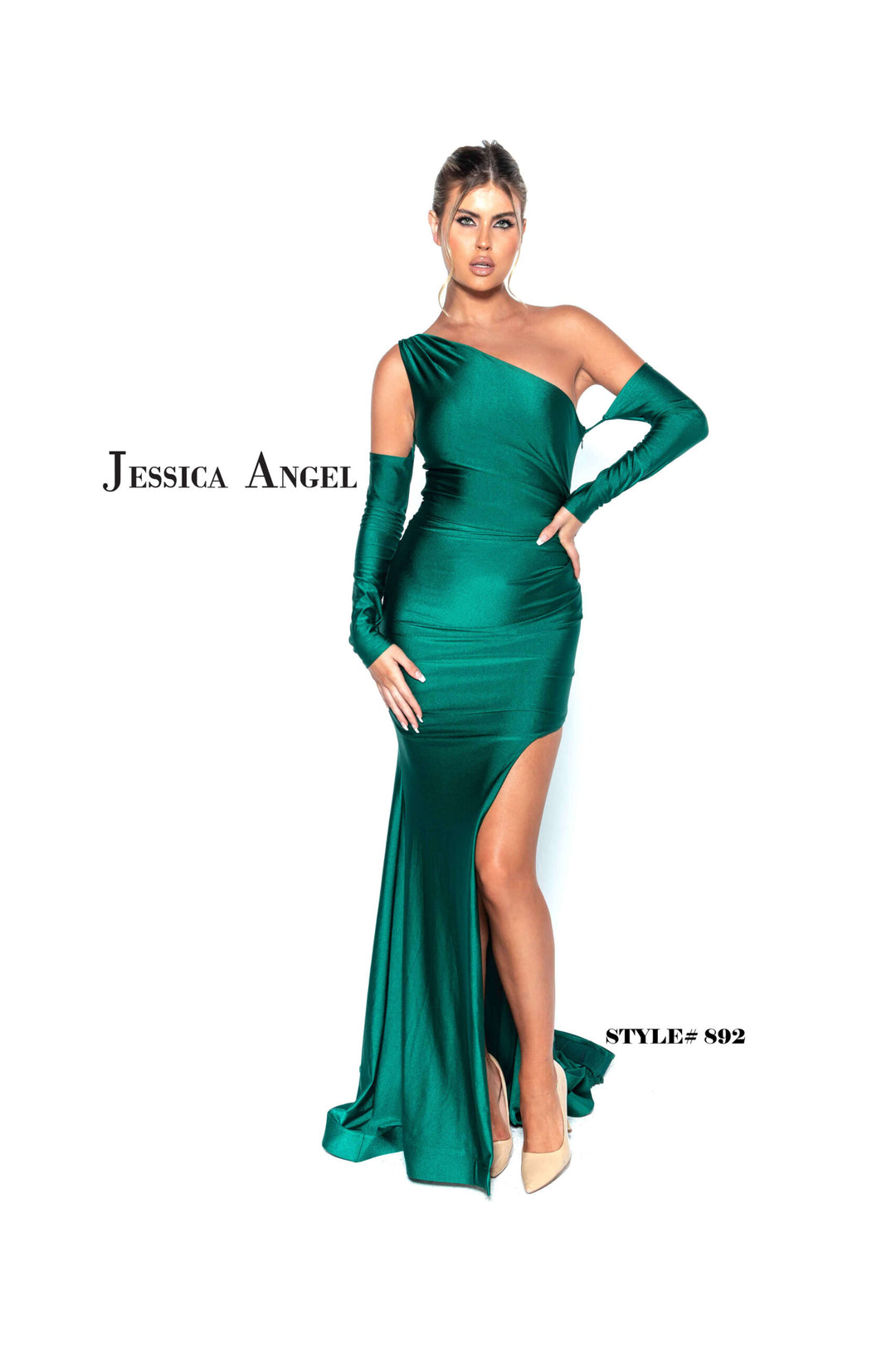 Jessica Angel 892 one shoulder jersey gown with sleeve front view