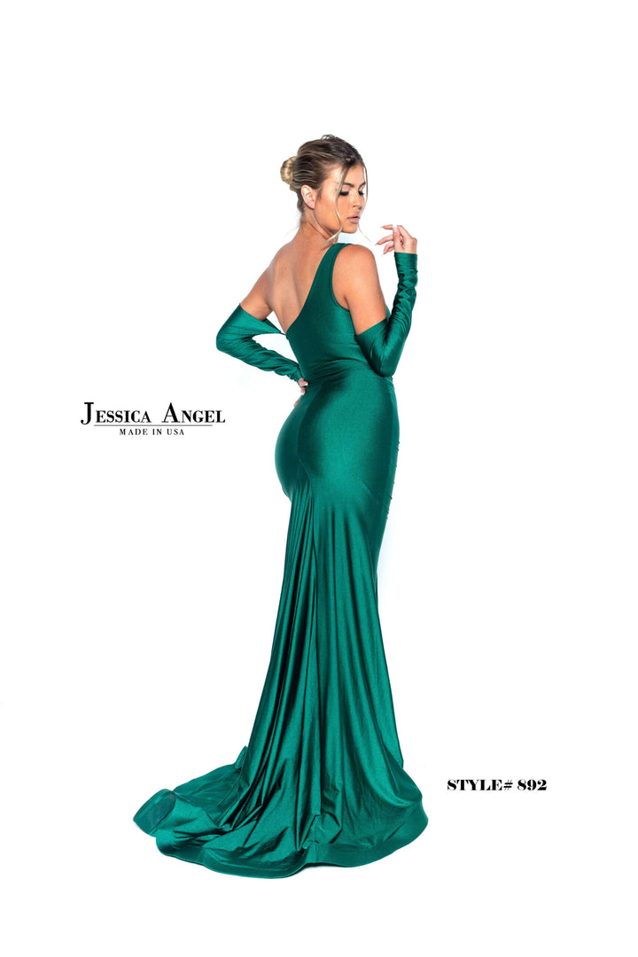 Jessica Angel 892 One Shoulder Long Sleeve Ruched Jersey Gown with Slit view 7