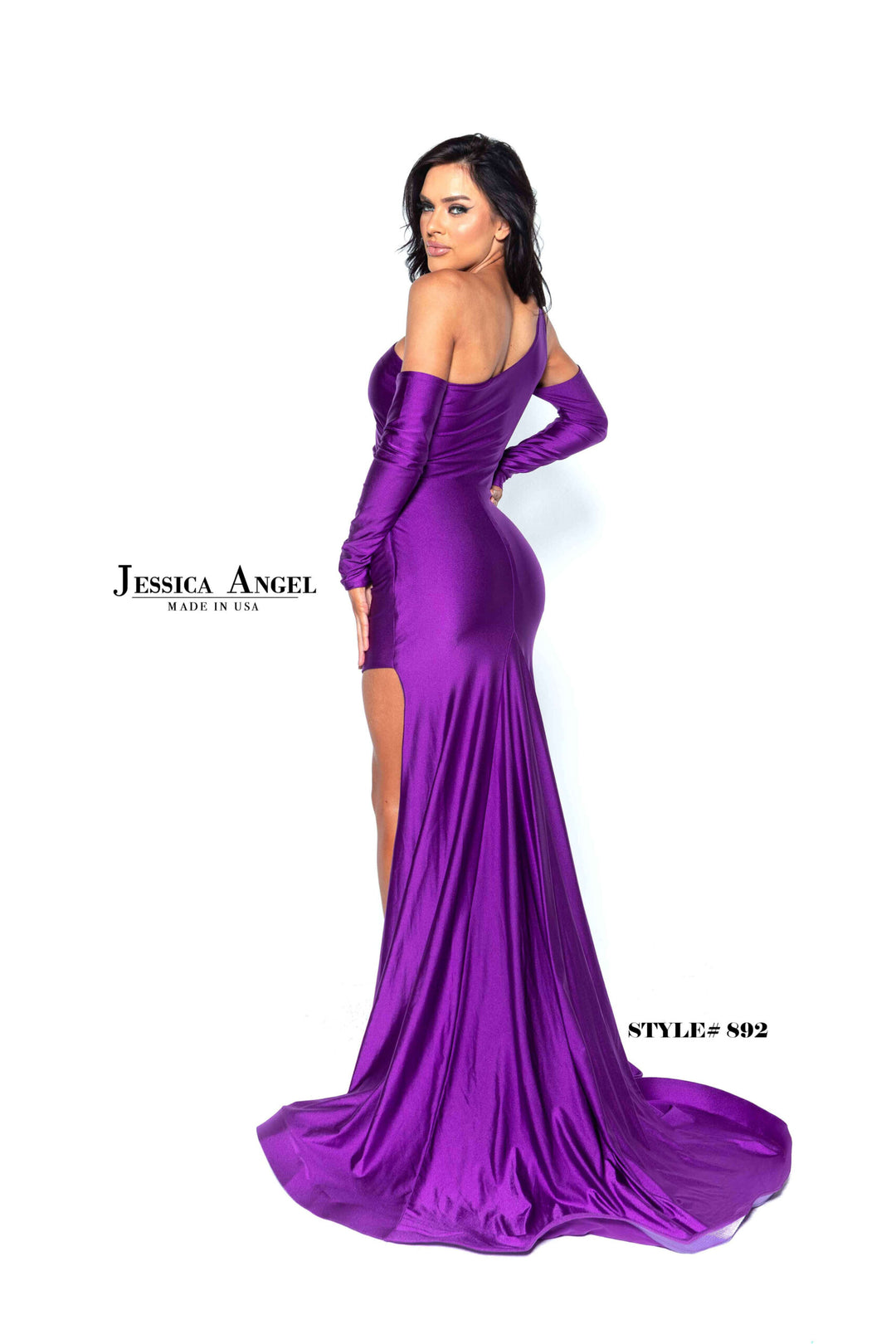 Jessica Angel 892 One Shoulder Long Sleeve Ruched Jersey Gown with Slit view 8