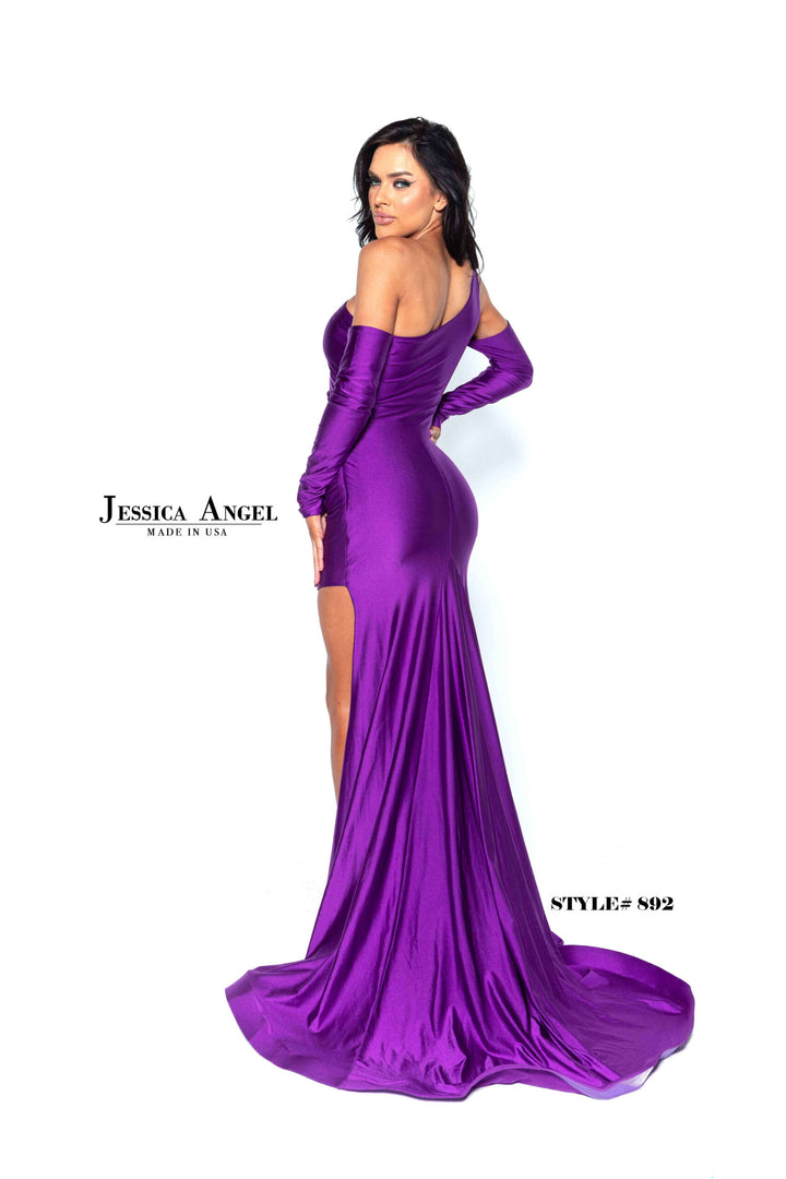Jessica Angel 892 One Shoulder Long Sleeve Ruched Jersey Gown with Slit view 8