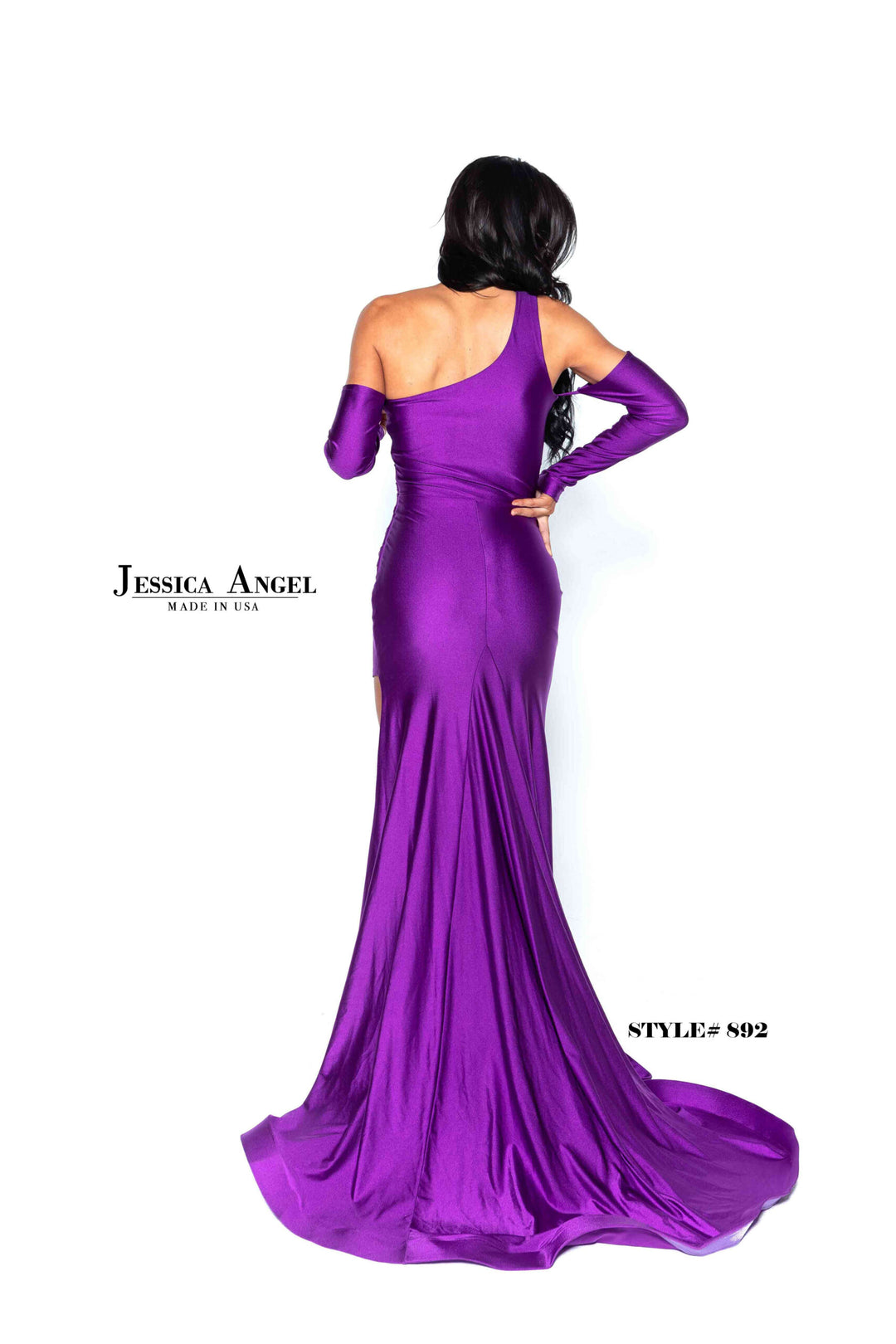 Jessica Angel 892 one shoulder jersey gown with sleeve alternate view 4