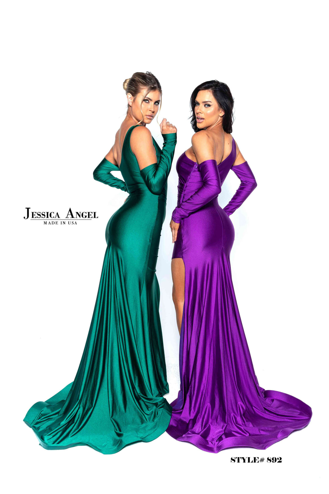 Jessica Angel 892 One Shoulder Long Sleeve Ruched Jersey Gown with Slit view 10