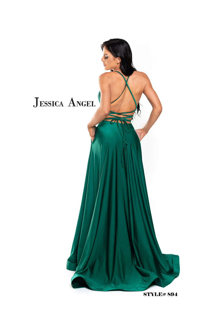 Jessica Angel 894 V-neck embellished back jersey A-line gown back view