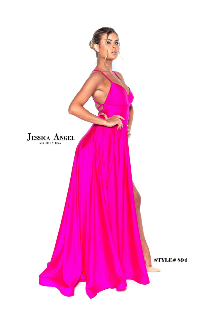 Jessica Angel 894 V-Neck Embellished Strap Back Jersey A-Line Gown view 7