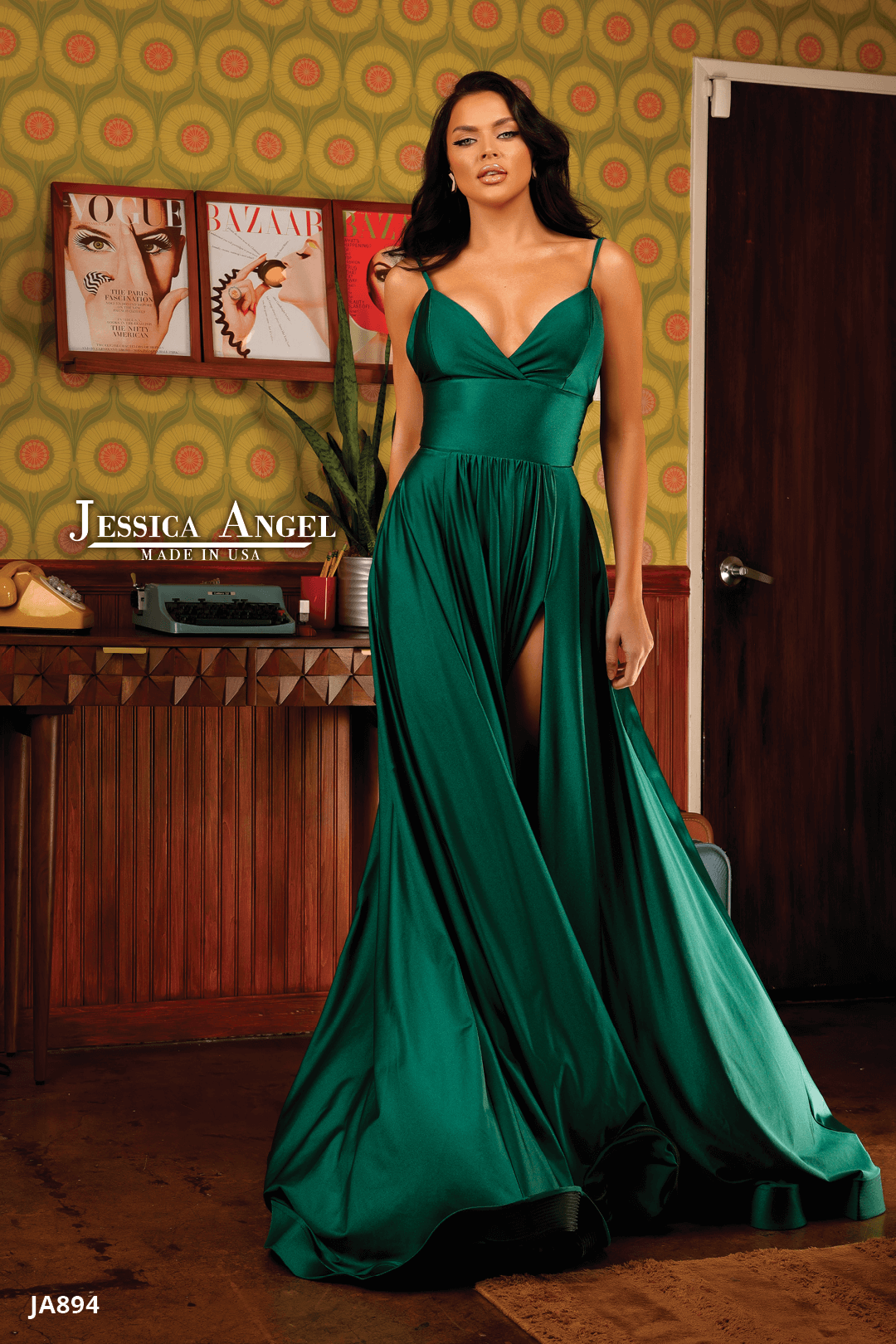 Jessica Angel 894 V-neck embellished back jersey A-line gown front view