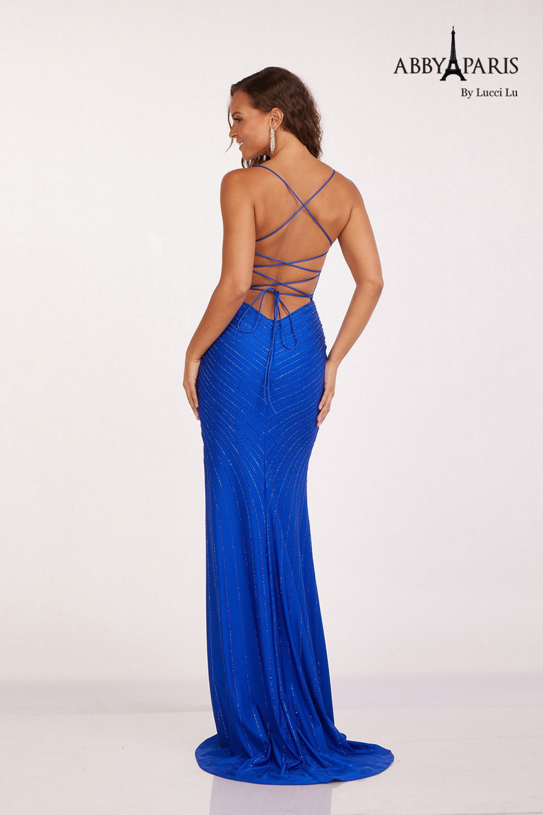 Abby Paris 90201 Spaghetti Strap Beaded Sheath Gown with High Slit and Lace-Up Back